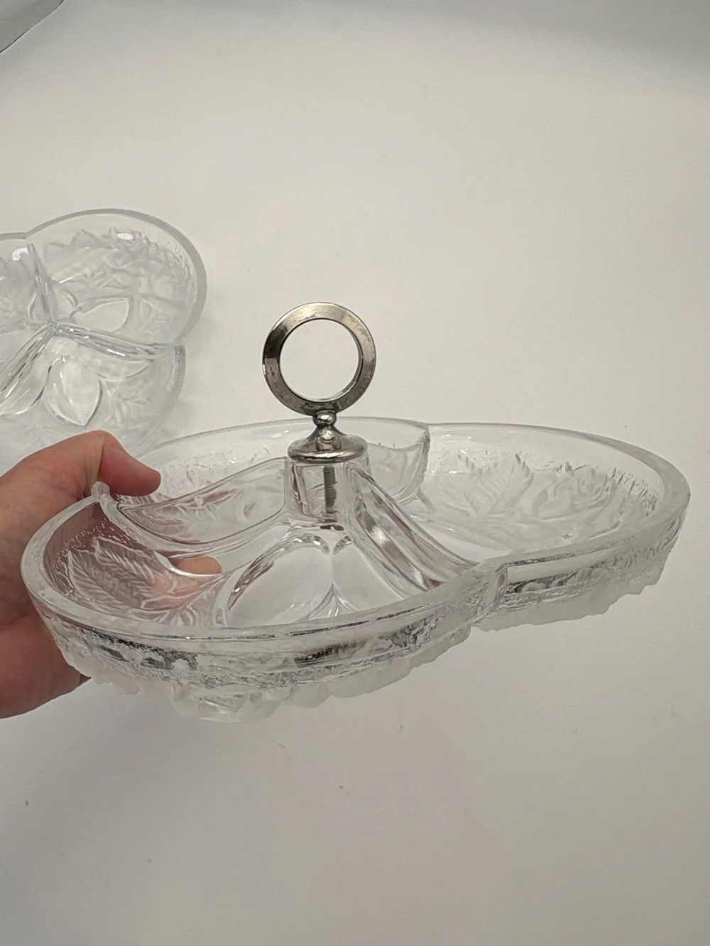 Gorgeous Vintage Crystal Divided Serving Dish Pair In Frosted Rose Pattern